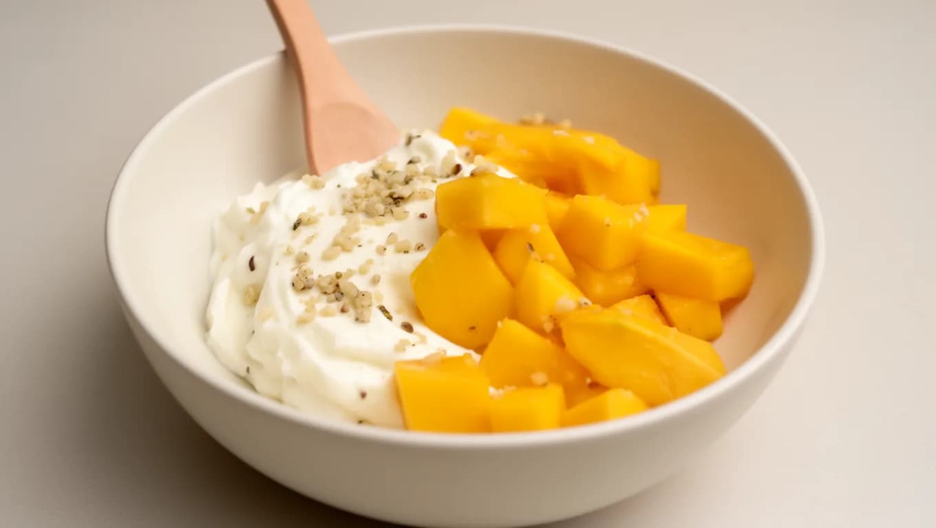 Yogur griego con mango y semillas de cáñamo